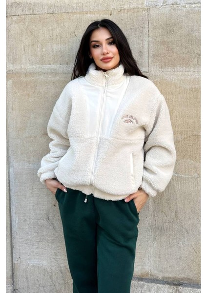 Kadın Polar Peluş Mont - Yumuşak Peluş Kumaşlı Fermuarlı Oversize Ceket- Ekru modelleri