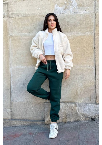 Kadın Polar Peluş Mont - Yumuşak Peluş Kumaşlı Fermuarlı Oversize Ceket- Ekru fırsatları