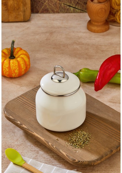 %100 Emaye Nostalji Sade Şık Görünüm 10 cm Baharatlık ve Saklama Kabı