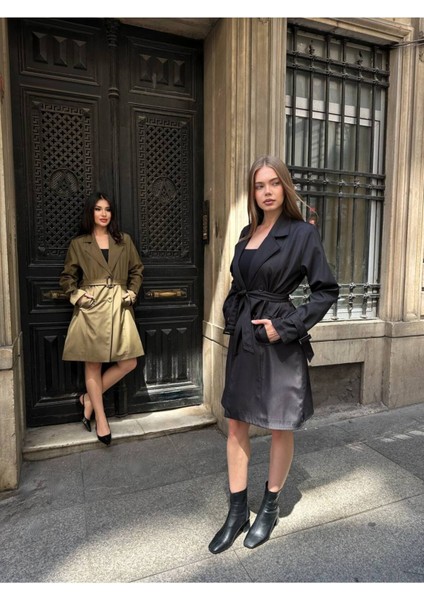 Kadın Kemerli Astarlı Kısa Kruvaze Yaka Trençkot – Diz Boyu Mevsimlik Ceket indirimleri