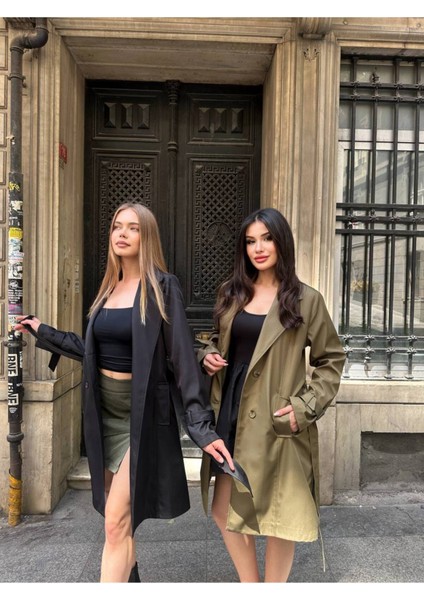 Kadın Kemerli Astarlı Kısa Kruvaze Yaka Trençkot – Diz Boyu Mevsimlik Ceket