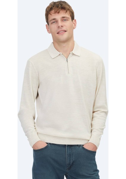 Bej Polo Yaka Jakarlı Yün Karışımlı Triko Kazak