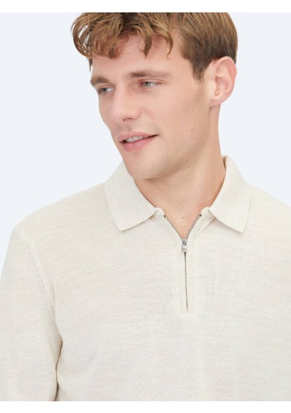 Bej Polo Yaka Jakarlı Yün Karışımlı Triko Kazak modelleri