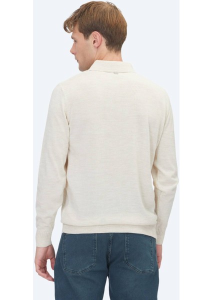 Bej Polo Yaka Jakarlı Yün Karışımlı Triko Kazak indirimleri