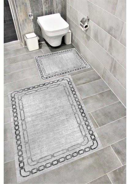 Kaymaz Tabanlı Suya Dayanıklı Dijital Baskılı Banyo Paspası Takımı | Bordo Halı 1667