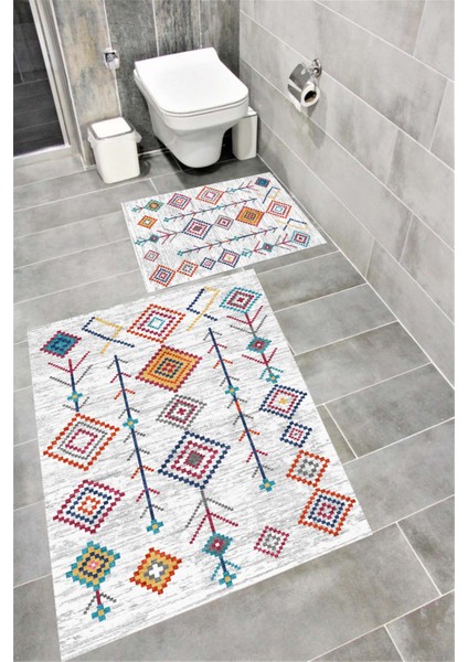 Kaymaz Tabanlı Suya Dayanıklı Dijital Baskılı Banyo Paspası Takımı | Bordo Halı 1590