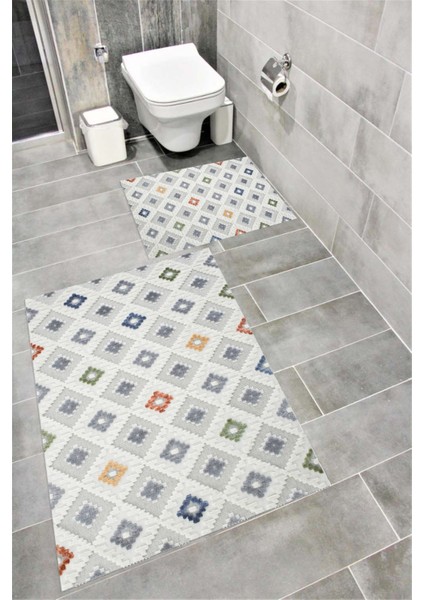 Su Emici Yumuşak Kaymaz Taban Sünger Dolgulu Pamuksu Doku Yıkanabilir Dekoratif Banyo Paspası 1396