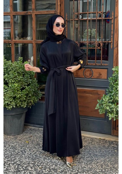 Yaka Aksesuarlı Ipek Cupro Elbise 2502-5011 Siyah