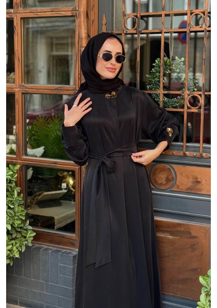 Yaka Aksesuarlı Ipek Cupro Elbise 2502-5011 Siyah modelleri