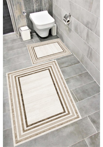 Kaymaz Tabanlı Suya Dayanıklı Dijital Baskılı Banyo Paspası Takımı | Bordo Halı 1407