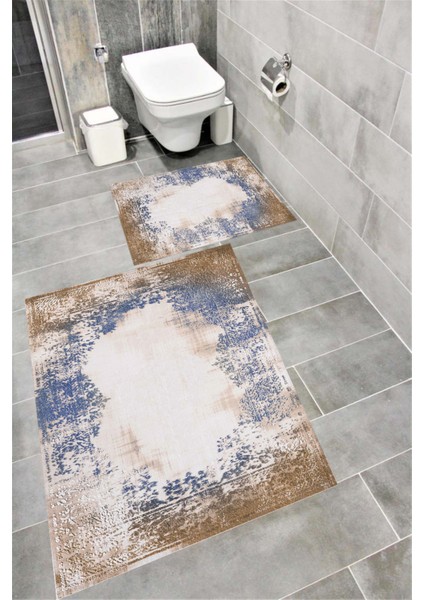 Kaymaz Tabanlı Suya Dayanıklı Dijital Baskılı Banyo Paspası Takımı | Bordo Halı 1678