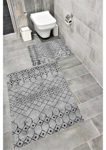 Kaymaz Tabanlı Suya Dayanıklı Dijital Baskılı Banyo Paspası Takımı | Bordo Halı 1540