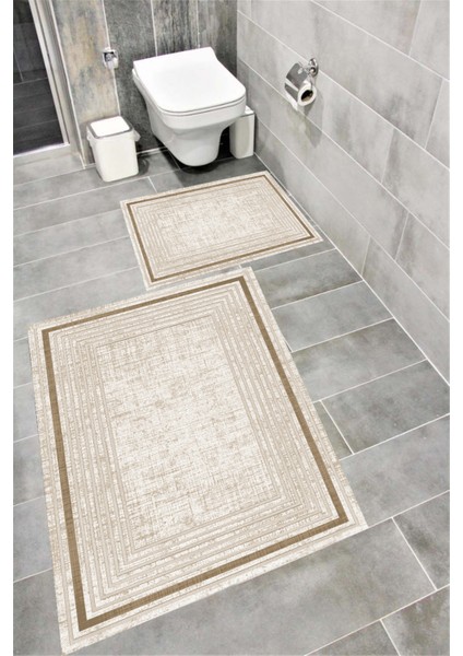 Kaymaz Tabanlı Suya Dayanıklı Dijital Baskılı Banyo Paspası Takımı | Bordo Halı 1513