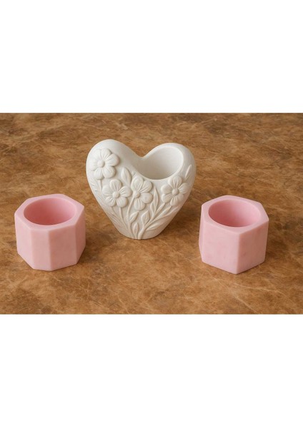 3'lü El Yapımı Kalp Tasarımlı Sukulent Saksı - Handmade Taş Tozu Obje Mumluk Dekoratif Biblo 8cm