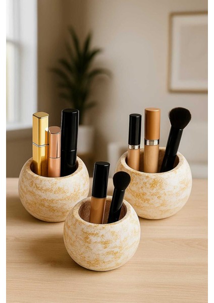 3'lü Handmade Saksı - El Yapımı Taş Tozu Yuvarlak Takı Makyaj Standı Kalemlik Mumluk Gold Sukulent