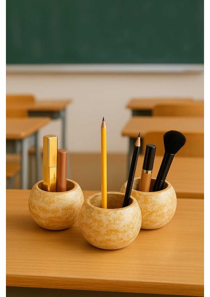 3'lü Handmade Saksı - El Yapımı Taş Tozu Yuvarlak Takı Makyaj Standı Kalemlik Mumluk Gold Sukulent fiyatları