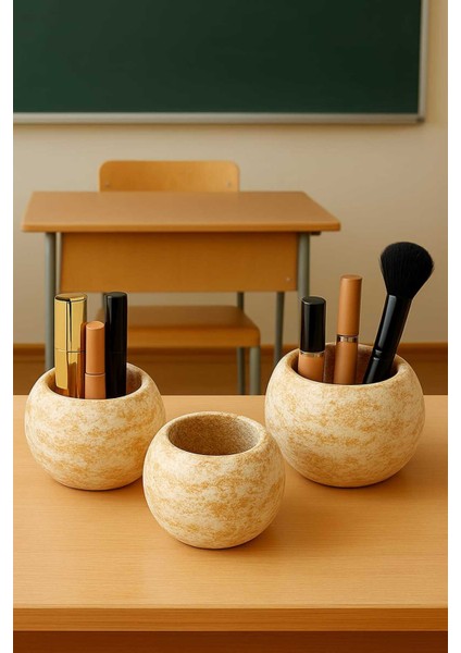 3'lü Handmade Saksı - El Yapımı Taş Tozu Yuvarlak Takı Makyaj Standı Kalemlik Mumluk Gold Sukulent modelleri