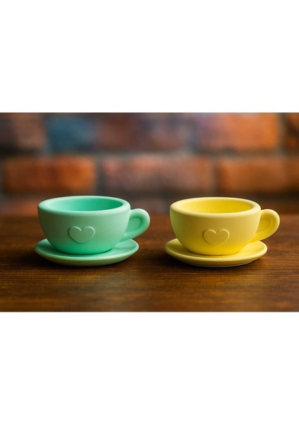 2'li El Yapımı Fincan Tasarımlı Saksılık - Handmade Taş Tozu Sukulent Mumluk Dekoratif Biblo 8 cm