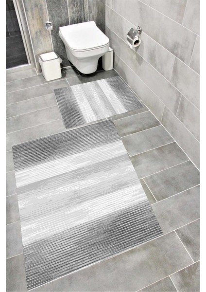 Kaymaz Tabanlı Suya Dayanıklı Dijital Baskılı Banyo Paspası Takımı | Bordo Halı 1402