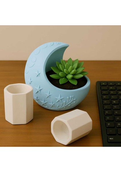 3'lü El Yapımı Saksı - Handmade Taş Tozu Dolunay Takı Standı Sukulent Mumluk Dekoratif Biblo 8 cm