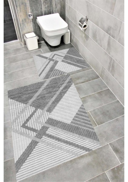 Kaymaz Tabanlı Suya Dayanıklı Dijital Baskılı Banyo Paspası Takımı | Bordo Halı 1576