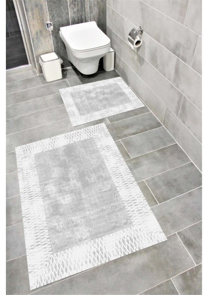 Kaymaz Tabanlı Suya Dayanıklı Dijital Baskılı Banyo Paspası Takımı | Bordo Halı