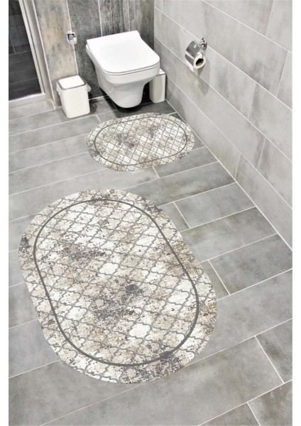 Su Emici Yumuşak Kaymaz Taban Sünger Dolgulu Yıkanabilir Dekoratif Banyo Paspası Takımı 1064 Oval