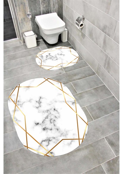 Su Emici Yumuşak Kaymaz Sünger Dolgulu Yıkanabilir Dekoratif Banyo Paspası Takımı Platingoldoval