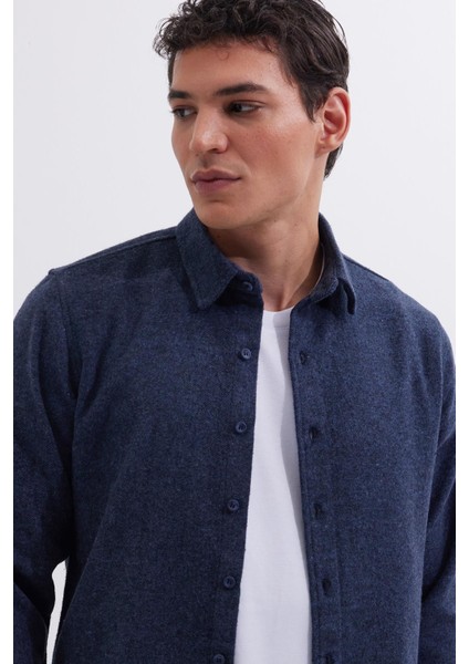 Erkek Slim Fit Dar Kesim Uzun Kollu Düz Kışlık Oduncu lacivert Gömlek