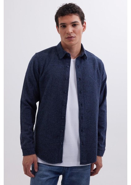 Erkek Slim Fit Dar Kesim Uzun Kollu Düz Kışlık Oduncu lacivert Gömlek indirimleri