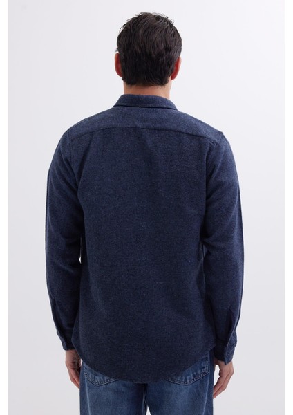 Erkek Slim Fit Dar Kesim Uzun Kollu Düz Kışlık Oduncu lacivert Gömlek