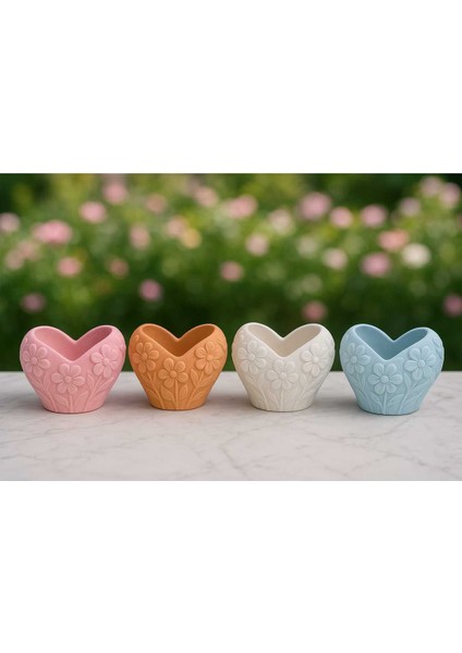 4'lü El Yapımı Dekoratif Saksı Seti - Handmade Taş Tozu Kalpli Mumluk Kalemlik Sukulent Seti Vazo