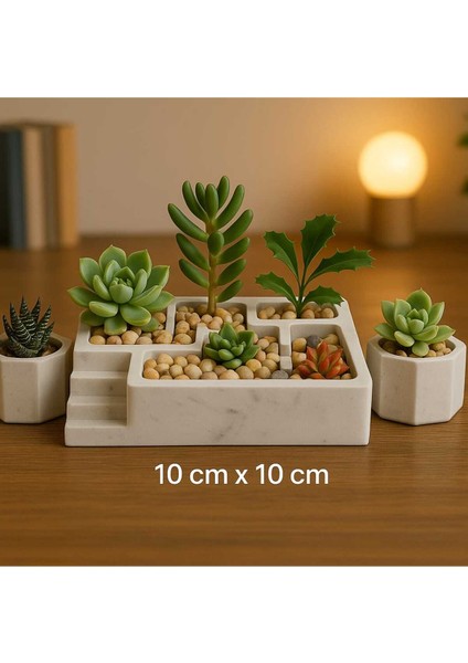 2'li El Yapımı Kare Saksı Seti - Handmade Tasarım Taş Tozu Sukulent Mumluk Dekoratif Biblo 8 cm