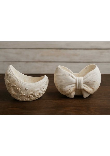 2'li Handmade Saksı - El Yapımı Taş Tozu Dolunay Kurdele Sukulent Takı Standı Kalemlik Mumluk Gold