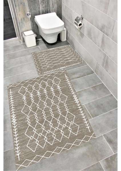 Kaymaz Tabanlı Suya Dayanıklı Dijital Baskılı Banyo Paspası Takımı | Bordo Halı 1661