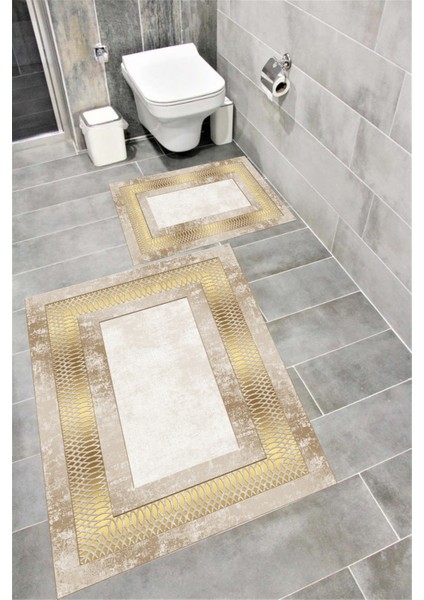 Kaymaz Tabanlı Suya Dayanıklı Dijital Baskılı Banyo Paspası Takımı | Bordo Halı 1445