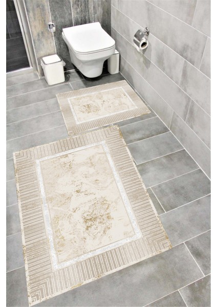 Kaymaz Tabanlı Suya Dayanıklı Dijital Baskılı Banyo Paspası Takımı | Bordo Halı 1673