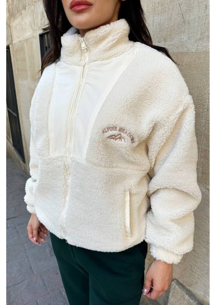 Kadın Polar Peluş Mont - Yumuşak Peluş Kumaşlı Fermuarlı Oversize Ceket- Ekru fiyatları