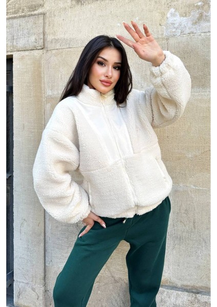 Kadın Polar Peluş Mont - Yumuşak Peluş Kumaşlı Fermuarlı Oversize Ceket- Ekru