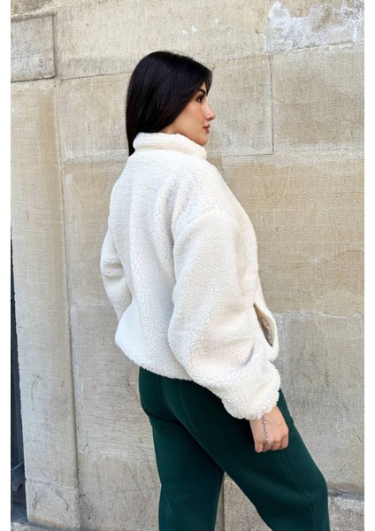Kadın Polar Peluş Mont - Yumuşak Peluş Kumaşlı Fermuarlı Oversize Ceket- Ekru