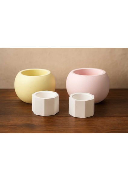 4'lü El Yapımı Renkli Dekoratif Saksı - Handmade Taş Tozu Mumluk Kalemlik Sukulent Seti Mini Vazo