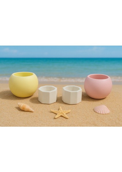 4'lü El Yapımı Renkli Dekoratif Saksı - Handmade Taş Tozu Mumluk Kalemlik Sukulent Seti Mini Vazo fiyatları