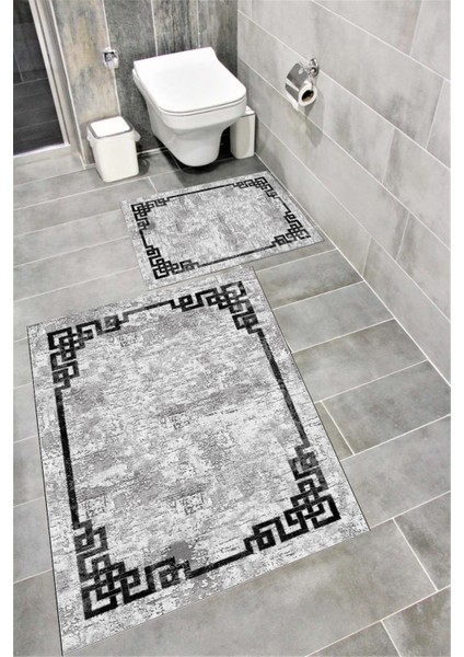 Kaymaz Tabanlı Suya Dayanıklı Dijital Baskılı Banyo Paspası Takımı | Bordo Halı 1536