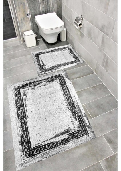 Kaymaz Tabanlı Suya Dayanıklı Dijital Baskılı Banyo Paspası Takımı | Bordo Halı 1587