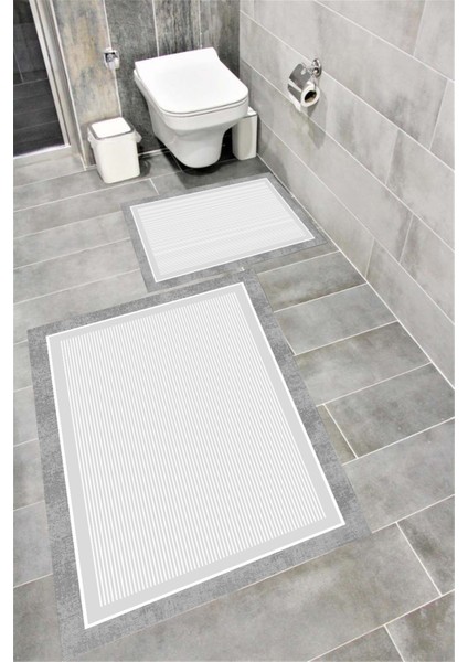 Kaymaz Tabanlı Suya Dayanıklı Dijital Baskılı Banyo Paspası Takımı | Bordo Halı 1533