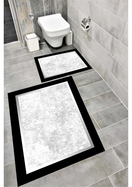 Kaymaz Tabanlı Suya Dayanıklı Dijital Baskılı Banyo Paspası Takımı | Bordo Halı 1530