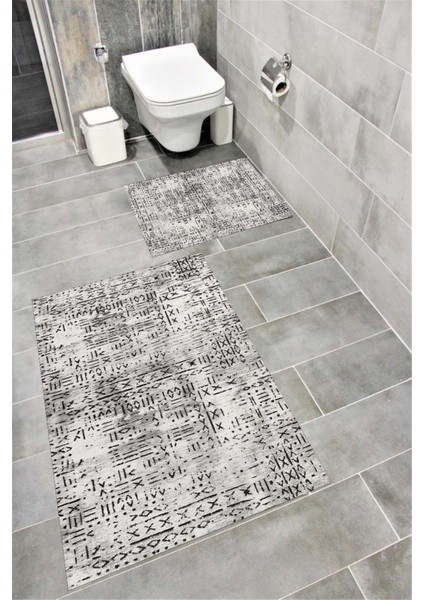 Su Emici Yumuşak Kaymaz Taban Sünger Dolgulu Yıkanabilir Dekoratif Banyo Paspası Takımı 1111AÇIKGRİ