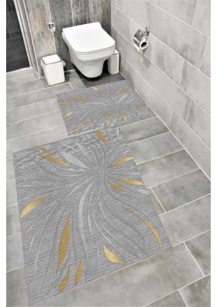 Kaymaz Tabanlı Suya Dayanıklı Dijital Baskılı Banyo Paspası Takımı | Bordo Halı 1528