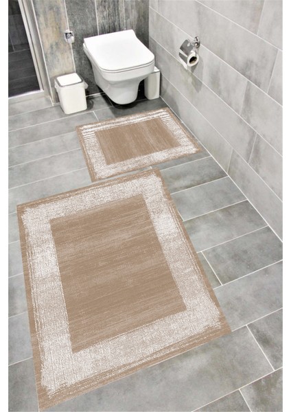 Kaymaz Tabanlı Suya Dayanıklı Dijital Baskılı Banyo Paspası Takımı | Bordo Halı 1454