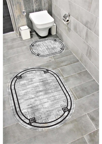 Su Emici Yumuşak Kaymaz Taban Sünger Dolgulu Yıkanabilir Dekoratif Banyo Paspası Takımı 1263 Oval